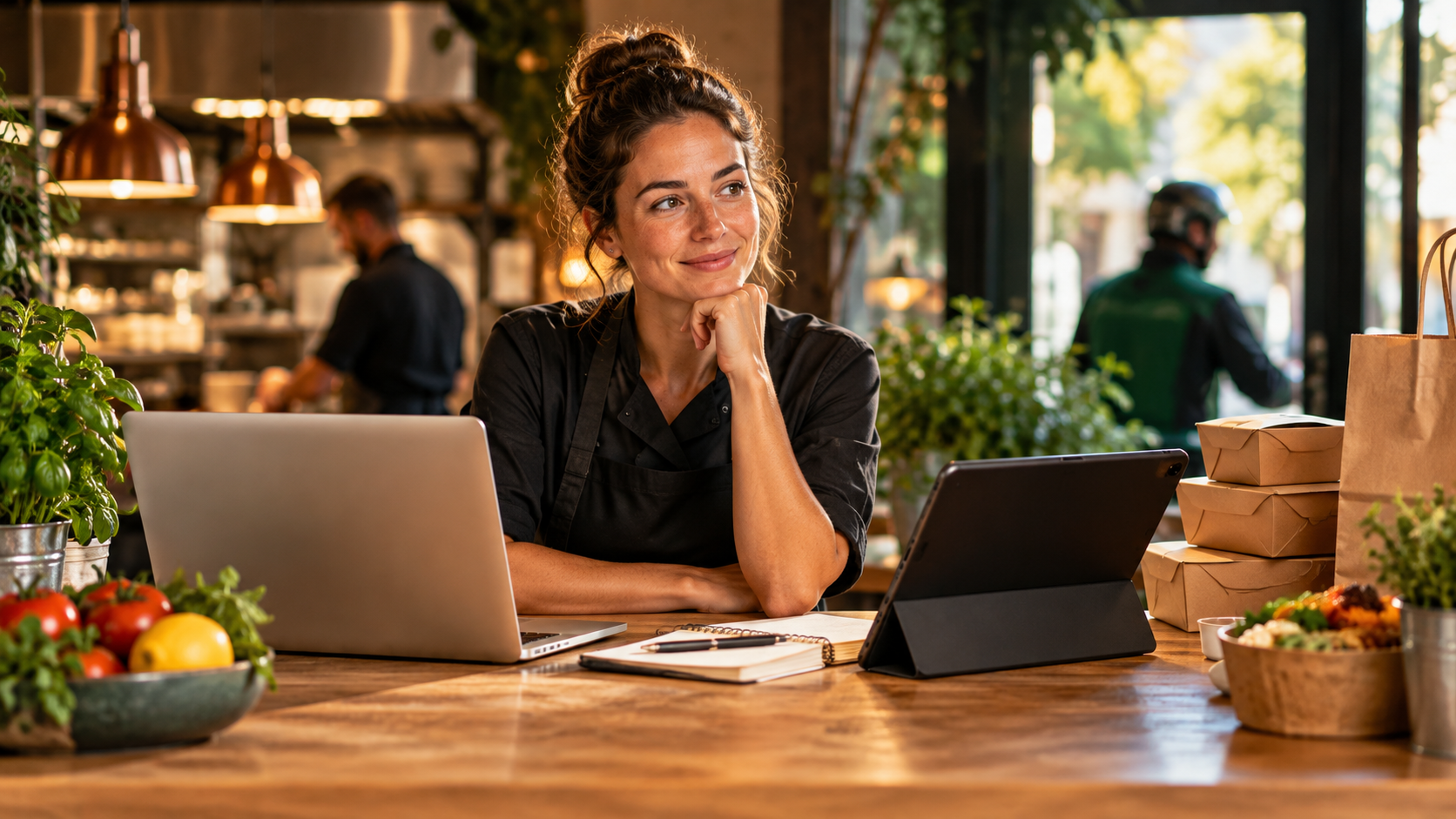 Restauranteigenaar vergelijkt online bestelroutes, kosten en opbrengst op een laptop